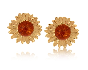 Gold-plated flower earrings with amber on a stud from the Amber collection (P24/TYN/10AU)