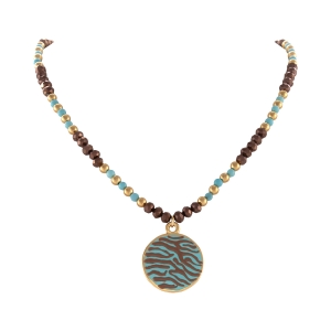 Naszyjnik z czekoladowych koralików, turkusów i złotych kuleczek z zawieszką  w zeberkę (C25/LAT/155AU)