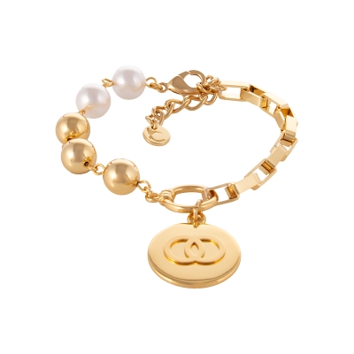 Bransoletka z pereł, kuleczek i łańcucha z okrągłą zawieszką z kółeczkami w środku (B25/KOR/101AU)